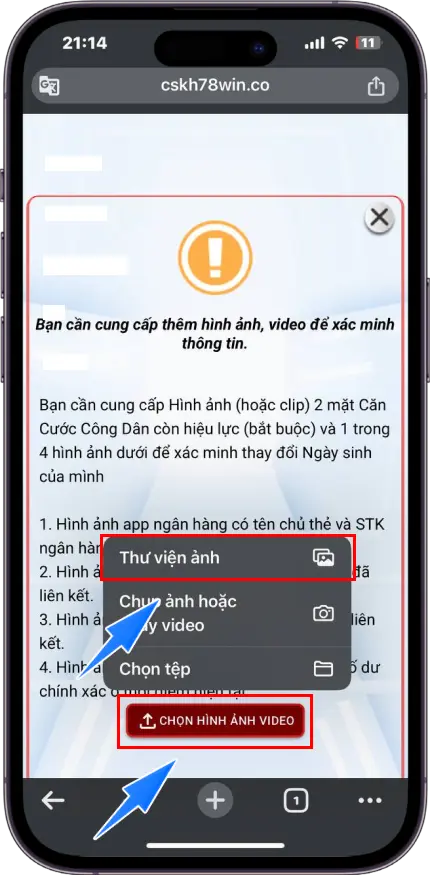 Bước 3 : Chọn hình ảnh/video >> Chọn Thư viện ảnh >> Tải lên tối thiểu 2 trong 4 yêu cầu hình ảnh từ hệ thống